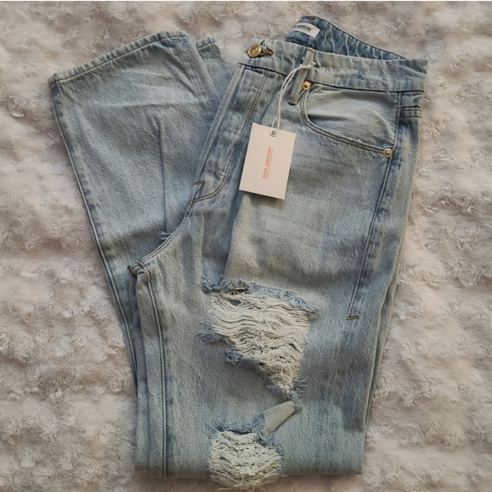 Good American Light Blue Distressed Straight Leg Jeans - Picture 6 of 11